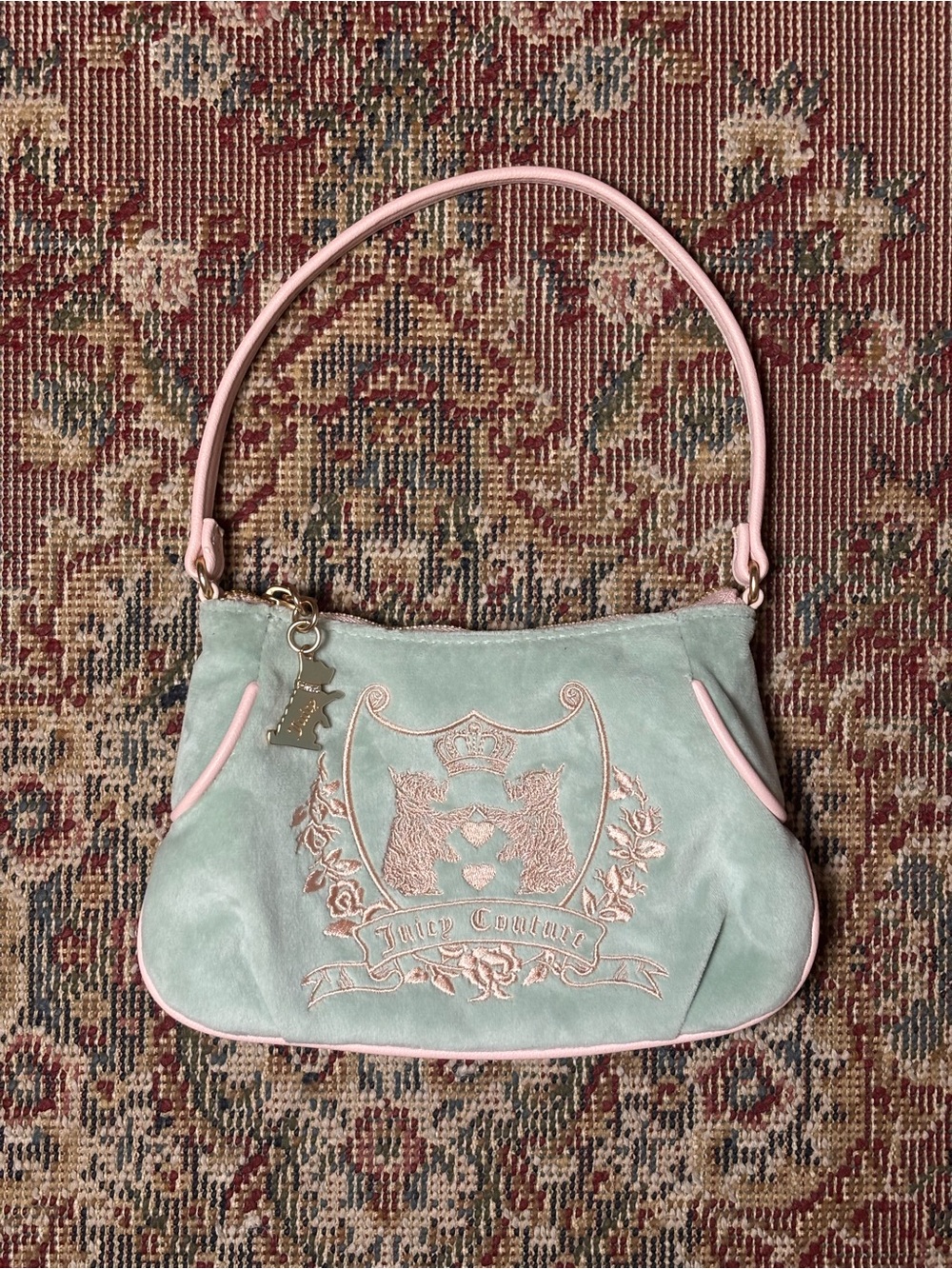 Y2K Juicy Couture Mint Suede Shoulder Bag with Pink Trim